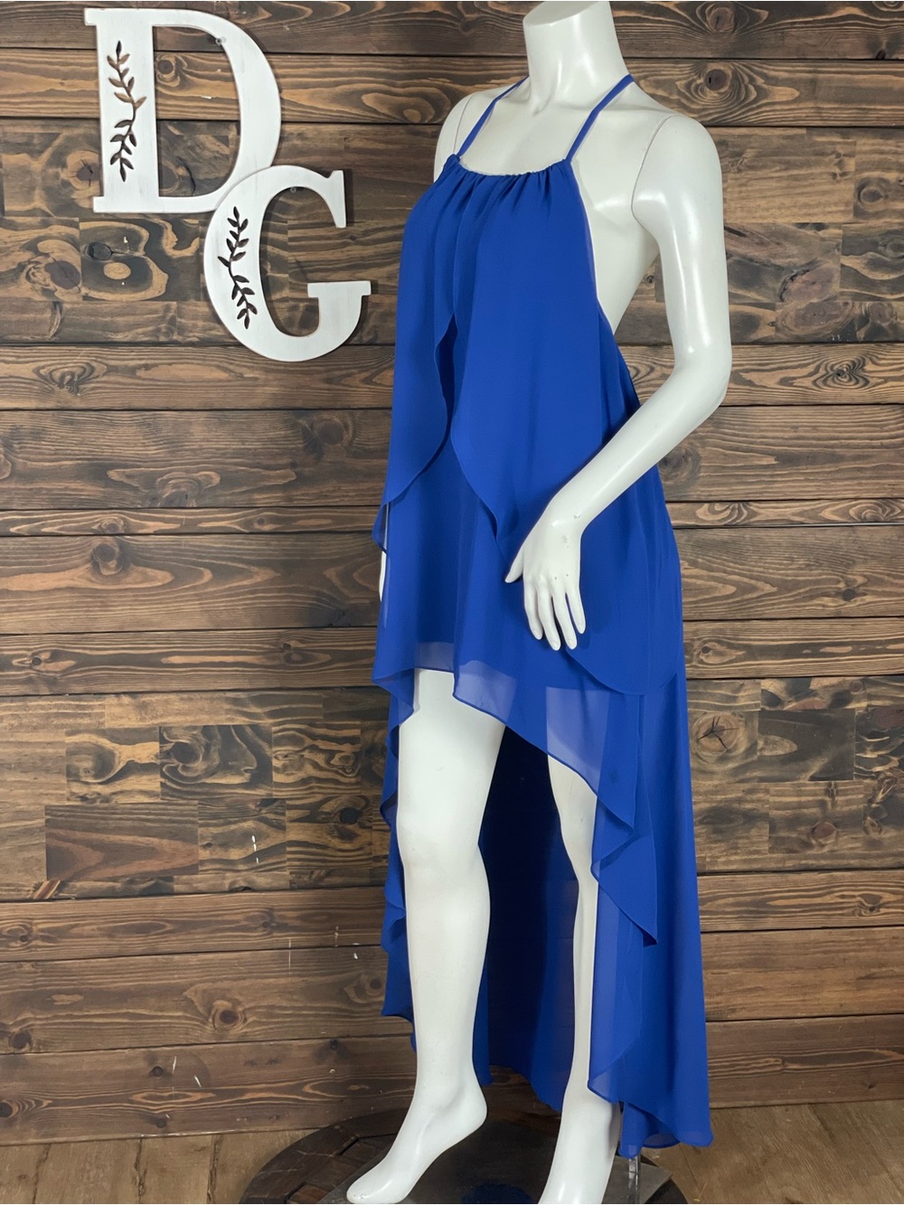 Arden B | Racerback Halter Royal High-Low Dress Flowy Waterfall Sheer Open Back
